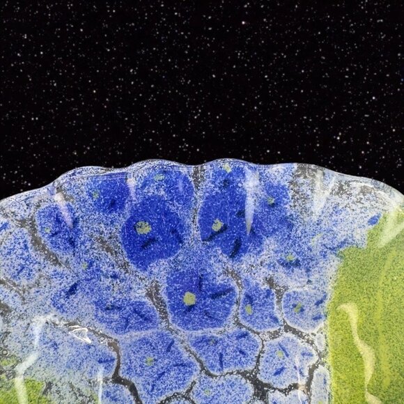 Fused Art Glass Dish Plate Ruffled Edges Blue Flowers Glass Trinket Dish 6”Wide - Picture 9 of 14